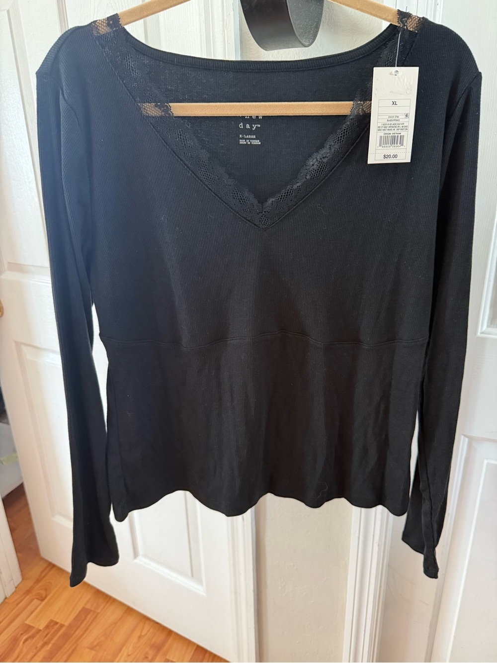 a new day Black V-Neck Long Sleeve Top with Lace Trim